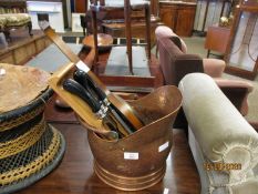 COPPER COAL HELMET, A TEAK BAROMET AND A FURTHER CARVING SET