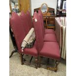 SET OF SIX OAK FRAMED RED UPHOLSTERED HIGH BACK DINING CHAIRS WITH BUTTON DETAIL