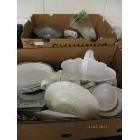 TWO BOXES CONTAINING MIXED CHINA WARES, GLASS WARES ETC