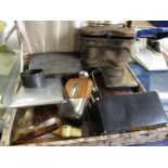 BOX CONTAINING BINOCULARS, SILVER PLATED CIGARETTE CASES ETC