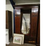 EDWARDIAN MAHOGANY AND SATINWOOD BOUND SINGLE MIRRORED DOOR WARDROBE WITH INLAID PANELS WITH FULL
