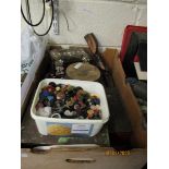 TWO BOXES CONTAINING SILVER PLATED WARES, PEWTER WARES, FLASKS, TINS, BUTTONS ETC (2)