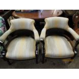 PAIR OF EDWARDIAN STRIPED UPHOLSTERED TUB ARMCHAIRS