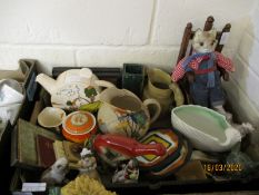 BOX CONTAINING REPRODUCTION MODEL OF A STAFFORDSHIRE DOG, JAMES KENT DECO DESIGNED JUG, TEA POT ETC