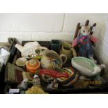 BOX CONTAINING REPRODUCTION MODEL OF A STAFFORDSHIRE DOG, JAMES KENT DECO DESIGNED JUG, TEA POT ETC