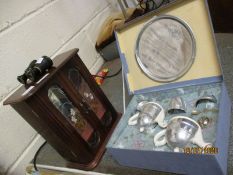 TEAK FRAMED TABLE TOP JEWELLERY BOX, PAIR OF OPERA GLASSES AND A BOXED ALUMINIUM CHILD’S TEA SET