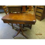 REGENCY STYLE FOLD OVER CARD TABLE WITH BAIZE LINED INTERIOR WITH TURNED COLUMN ON A REEDED