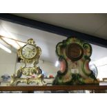 FRENCH PORCELAIN BLUE FLORAL AND GILT MANTEL CLOCK AND A FURTHER VICTORIAN MANTEL CLOCK (2)