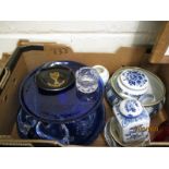 BOX CONTAINING BLUE GLASS TRAYS, WEDGWOOD, SILVER PLATED BOWL ETC