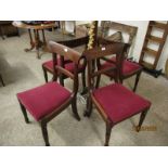 SET OF FOUR GEORGIAN MAHOGANY BAR BACK DINING CHAIRS WITH RED UPHOLSTERED DROP IN SEATS AND TURNED