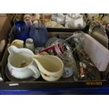 BOX CONTAINING MIXED GLASS WARES, JUGS, SILVER PLATED WARES ETC