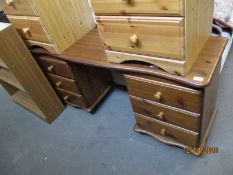 STAINED PINE FRAMED TWIN PEDESTAL DRESSING TABLE, EACH PEDESTAL FITTED WITH THREE DRAWERS WITH