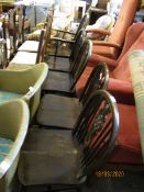 SET OF FIVE HARD SEATED STICK BACK WHEEL BACK CHAIRS COMPRISING FOUR DINING CHAIRS AND A CARVER