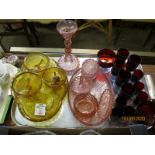 TRAY OF VARIOUS RED GLASS WARE AND DRESSING TABLE SETS