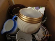 BOX OF MIXED JARDINIERES, JUGS ETC