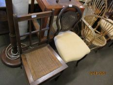 BEECHWOOD FRAMED CANE BACK CREAM UPHOLSTERED BEDROOM CHAIR AND A FURTHER CANE SEATED BEDROOM