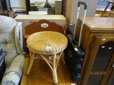 PLASTIC WHEELED BOX AND A WICKER TOP CIRCULAR STOOL AND A FURTHER TEAK FRAMED TWO FIXED SHELF