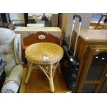 PLASTIC WHEELED BOX AND A WICKER TOP CIRCULAR STOOL AND A FURTHER TEAK FRAMED TWO FIXED SHELF