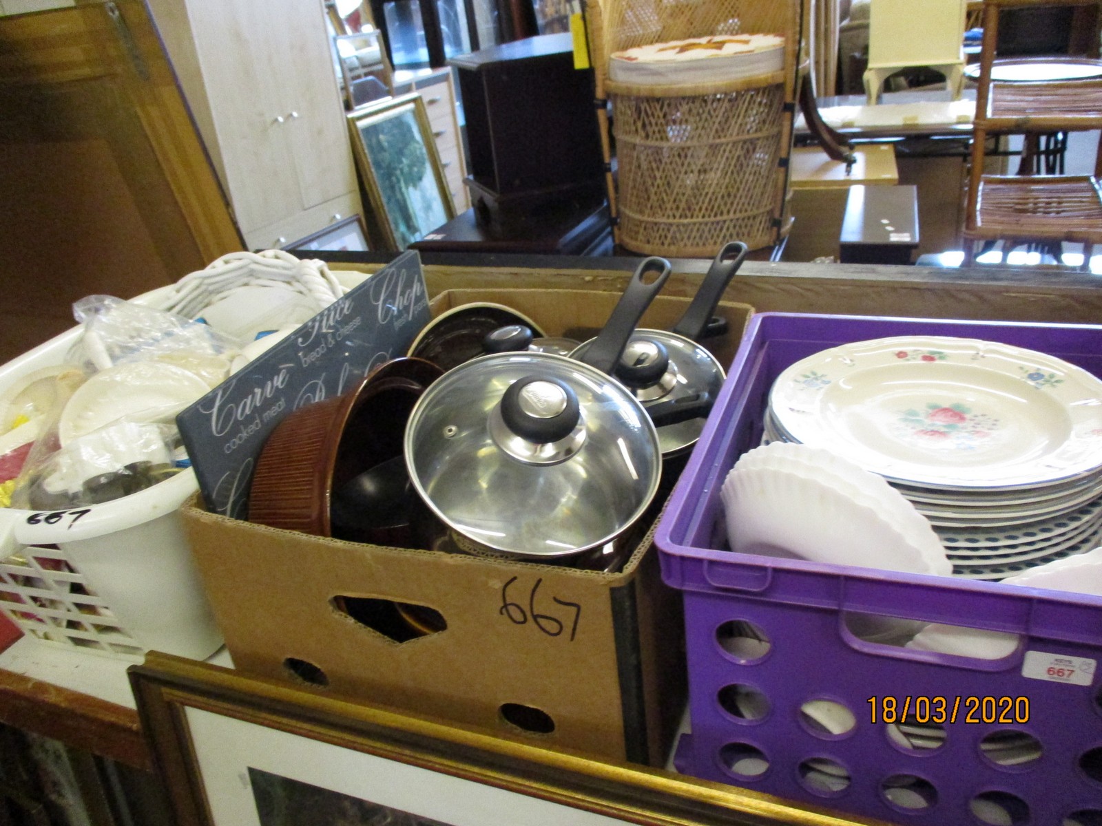 THREE BOXES OF KITCHEN WARES, PLATES ETC (3)