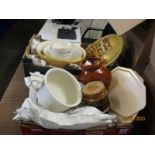 TWO BOXES OF KITCHEN WARES, BOWLS, CHAMBER POT ETC (2)