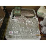 SILVER PLATED CIGARETTE BOX, GLASS DRESSING TABLE SET ETC