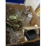 BOX OF CUT GLASS WARES, DECANTERS, ETC