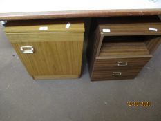 TWO MELAMINE BEDSIDE CUPBOARDS, ONE WITH OPEN SHELF AND TWO DRAWERS, ONE WITH SINGLE CUPBOARD DOOR