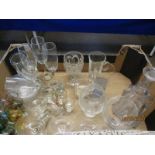 BOX OF MIXED GLASS WARES, DECANTERS, CHAMPAGNE FLUTES, ETC