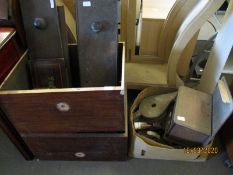 MIXED LOT OF 19TH CENTURY DRAWER FRONTS, TWO DRAWERS, SET OF BELLOWS, BOX WOODWORKING PLANES ETC (