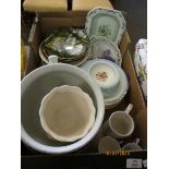 BOX OF CHAMBER POTS, PLATES, ETC