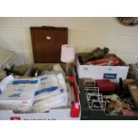 FOUR BOXES CONTAINING NON-WOVEN VISITOR COATS, MIXED LAMPS, SUNDRIES ETC (4)