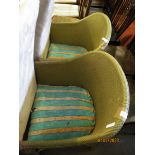 TWO WICKER LLOYD LOOM TYPE CHAIRS WITH STRIPED UPHOLSTERED SEATS