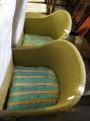 TWO WICKER LLOYD LOOM TYPE CHAIRS WITH STRIPED UPHOLSTERED SEATS