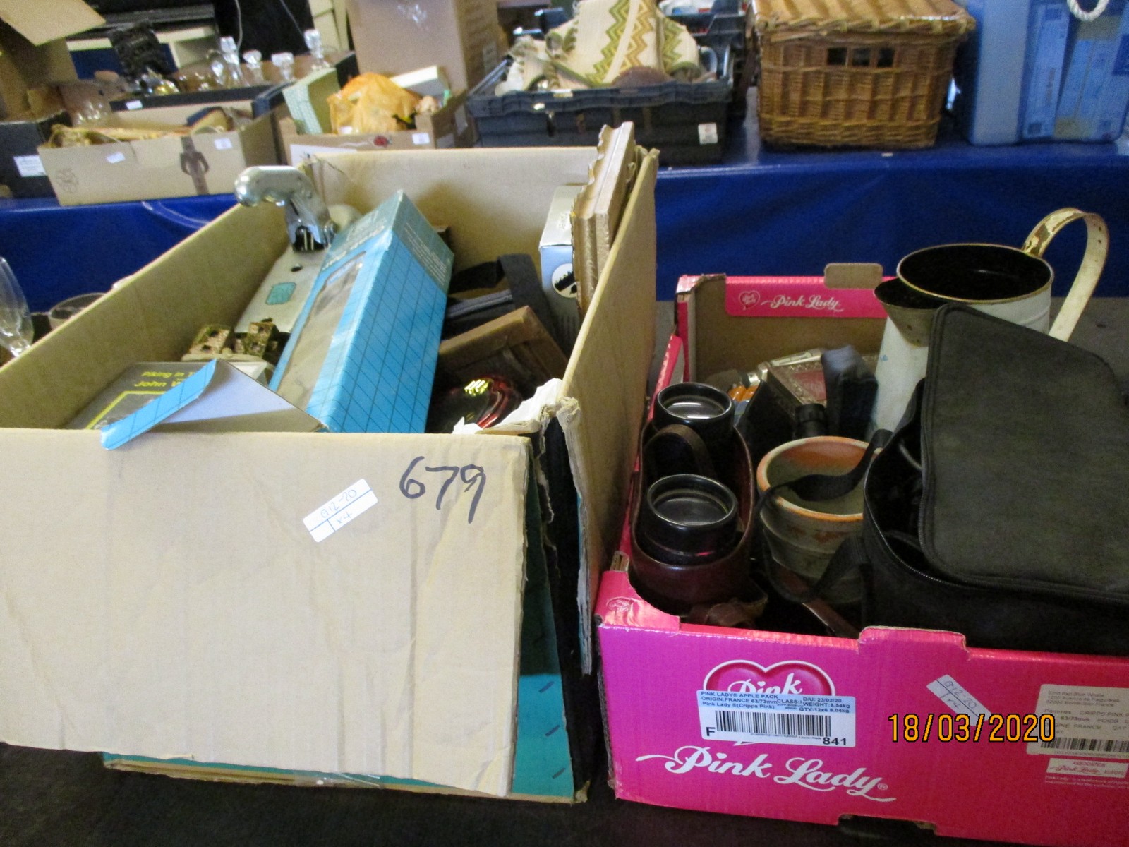 TWO BOXES OF MIXED CAR BOOT SUNDRIES, TOW HITCH, BINOCULARS ETC