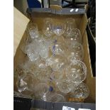 BOX OF MIXED CUT GLASS WARES, BRANDY BALLOONS ETC