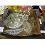 BOX OF GLASS JELLY MOULD, GLASS DISHES ETC