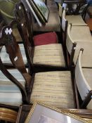 PAIR OF EDWARDIAN MAHOGANY SPLAT BACK DINING CHAIRS WITH STRIPED UPHOLSTERED SEATS