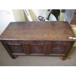 18TH CENTURY COFFER WITH THREE CARVED PANEL FRONT
