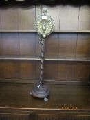 OAK FRAMED TWISTED COLUMN ANDIRON STAND WITH PRESSED BRASS PANEL
