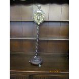 OAK FRAMED TWISTED COLUMN ANDIRON STAND WITH PRESSED BRASS PANEL