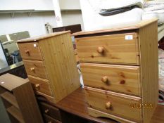 PAIR OF PINE THREE DRAWER BEDSIDE CHESTS WITH TURNED KNOB HANDLES