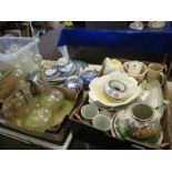THREE BOXES OF CHINA WARES, PAIR OF GLASS DECANTERS, BLUE PRINTED PART CHINA WARES ETC (3)