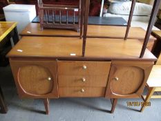 PAIR OF TEAK FRAMED SIDEBOARDS CENTRALLY FITTED WITH THREE DRAWERS FLANKED EITHER SIDE BY CUPBOARD