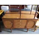 PAIR OF TEAK FRAMED SIDEBOARDS CENTRALLY FITTED WITH THREE DRAWERS FLANKED EITHER SIDE BY CUPBOARD