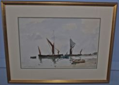 AR Edward Wesson RI, RBA, (1910-1983) Thames Barges, watercolour, signed lower left, 32 x 48cm