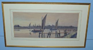 Stephen John Batchelder (1849-1932), Wherries at Dusk, Great Yarmouth, watercolour, signed lower