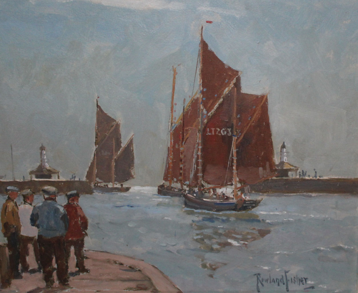 AR Rowland Fisher ROI, RSMA, (1885-1969), Boats leaving Lowestoft, oil on board, signed lower right, - Image 2 of 4