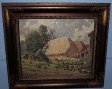 AR Tom W Armes (1894-1963), Farmstead with Haystack and Chickens, oil on canvas, signed and dated