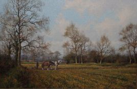 AR James Wright (Born 1935), Ploughing Scene, oil on canvas, signed lower right, 39 x 59cm