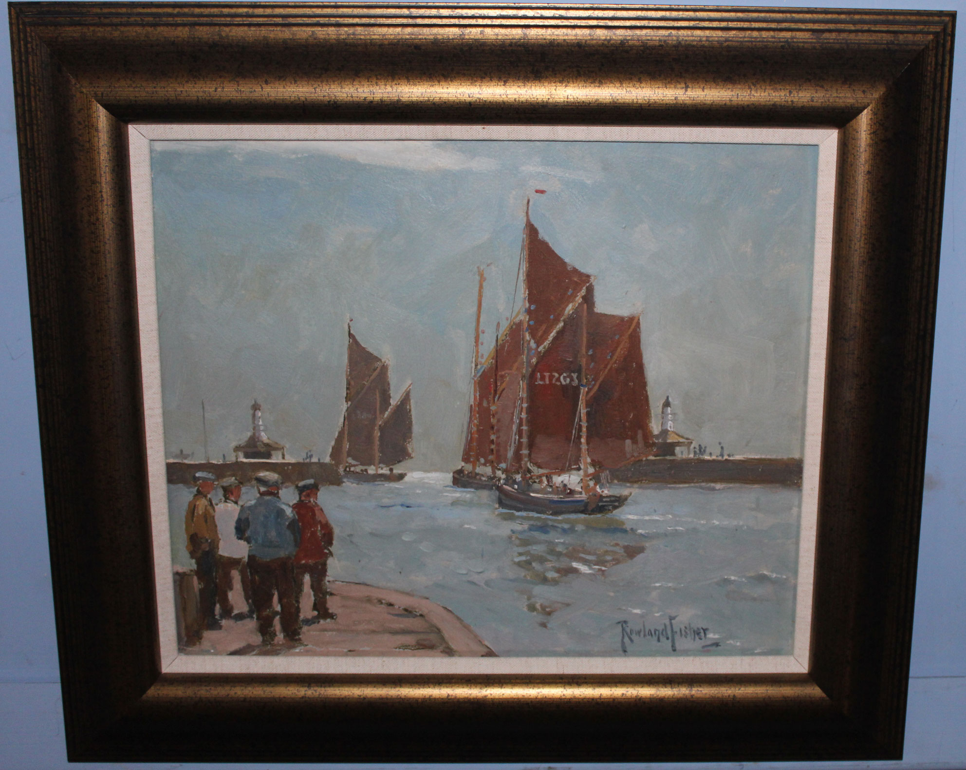 AR Rowland Fisher ROI, RSMA, (1885-1969), Boats leaving Lowestoft, oil on board, signed lower right,